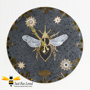 Handmade mandala art black and gold wooden bee wall clock by Just Bee Loved