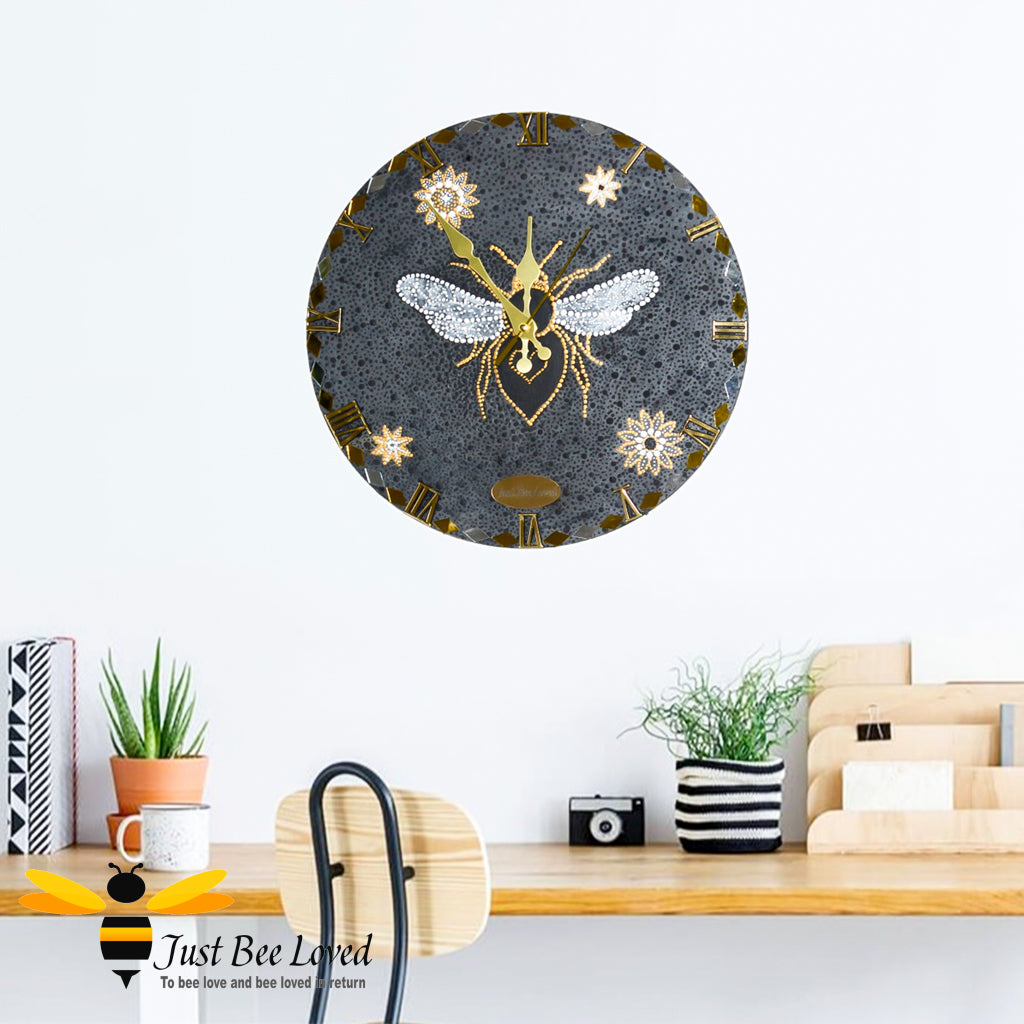 Handmade hand painted mandala art black and gold wooden bee wall clock