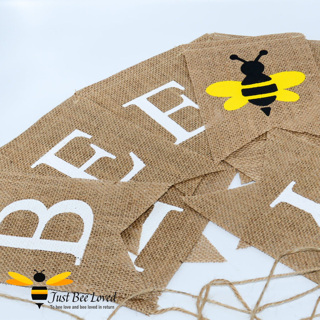 hessian fabric "Happy Bee Day" bee themed bunting flags banner.