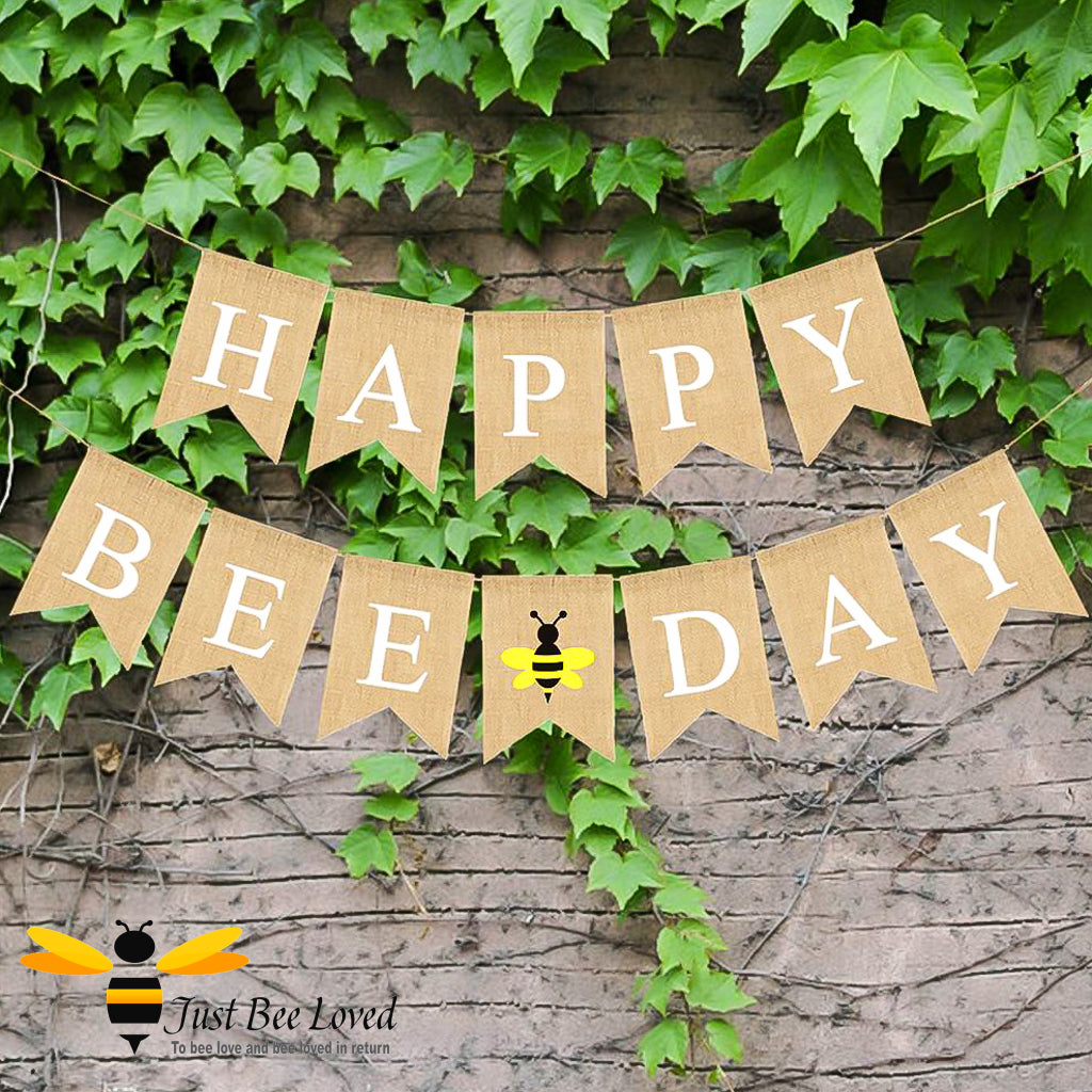 "Happy Bee Day" bee themed bunting flags banner.