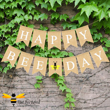Load image into Gallery viewer, hessian fabric 12 flags &quot;Happy Bee Day&quot; bunting banners.