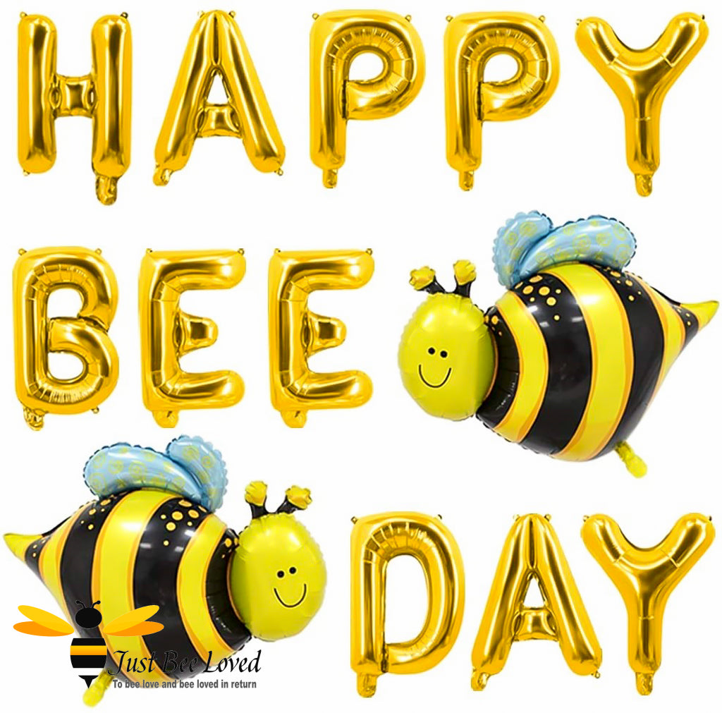 15 piece bee themed party foil balloons set featuring gold happy bee day letters and 2 bumblebee balloons.