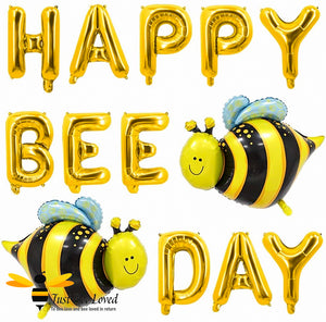 15 piece bee themed party foil balloons set featuring gold happy bee day letters and 2 bumblebee balloons