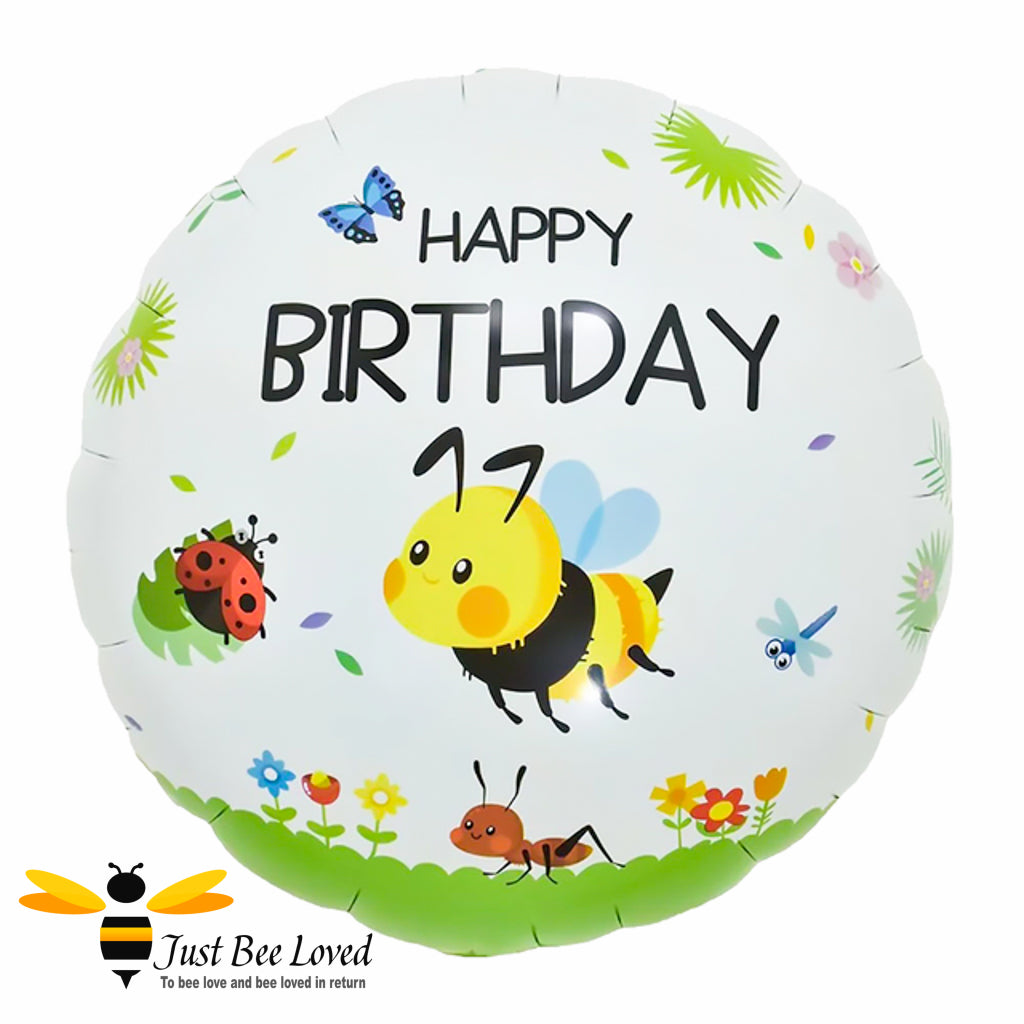 Colourful Happy Birthday round foil balloon with a bumblebee and other garden insects.