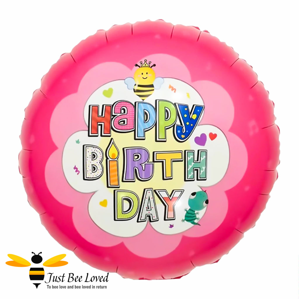 pink round foil balloon with queen bee and happy birthday text
