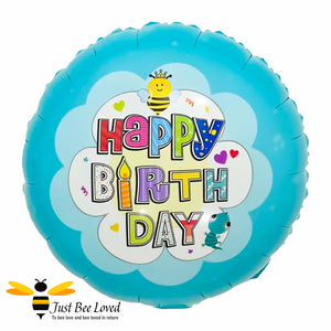 Blue round foil balloon with bumblebee and happy birthday text
