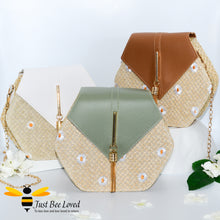 Load image into Gallery viewer, Just Bee Loved Hexagon Rattan Straw Bags with daisies decoration in green, white, brown