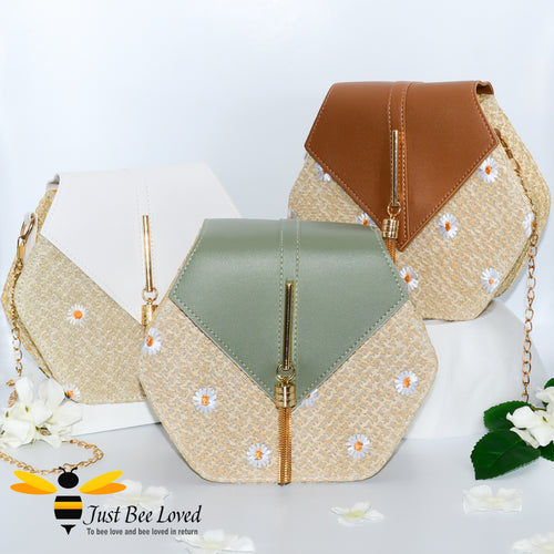 Just Bee Loved Hexagon Rattan Straw Bags with daisies decoration in green, white, brown