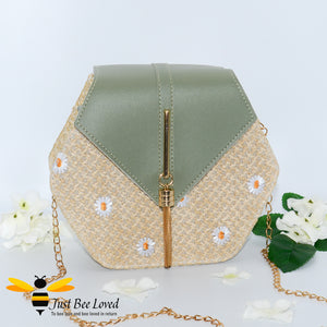 Hexagon straw rattan vegan leather bag with daisies lace decoration