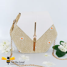 Load image into Gallery viewer, Hexagon straw rattan vegan leather bag with daisies lace decoration in white