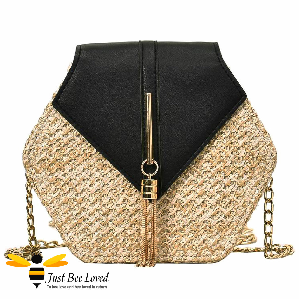 Hexagon rattan faux leather straw bag in black colour