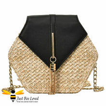Load image into Gallery viewer, Hexagon rattan faux leather straw bag in black colour