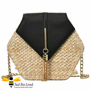 Hexagon rattan faux leather straw bag in black colour