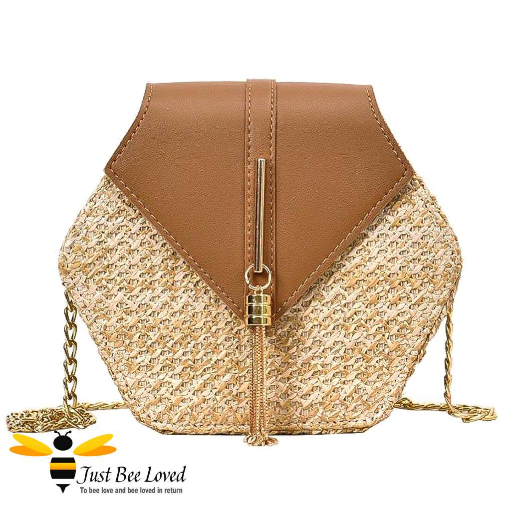 Hexagon rattan faux leather straw bag in brown colour
