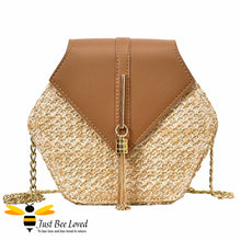 Load image into Gallery viewer, Hexagon rattan faux leather straw bag in brown colour