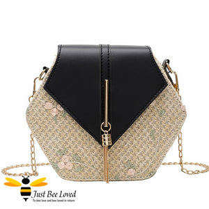 Hexagon straw rattan vegan leather bag with floral lace decoration in black