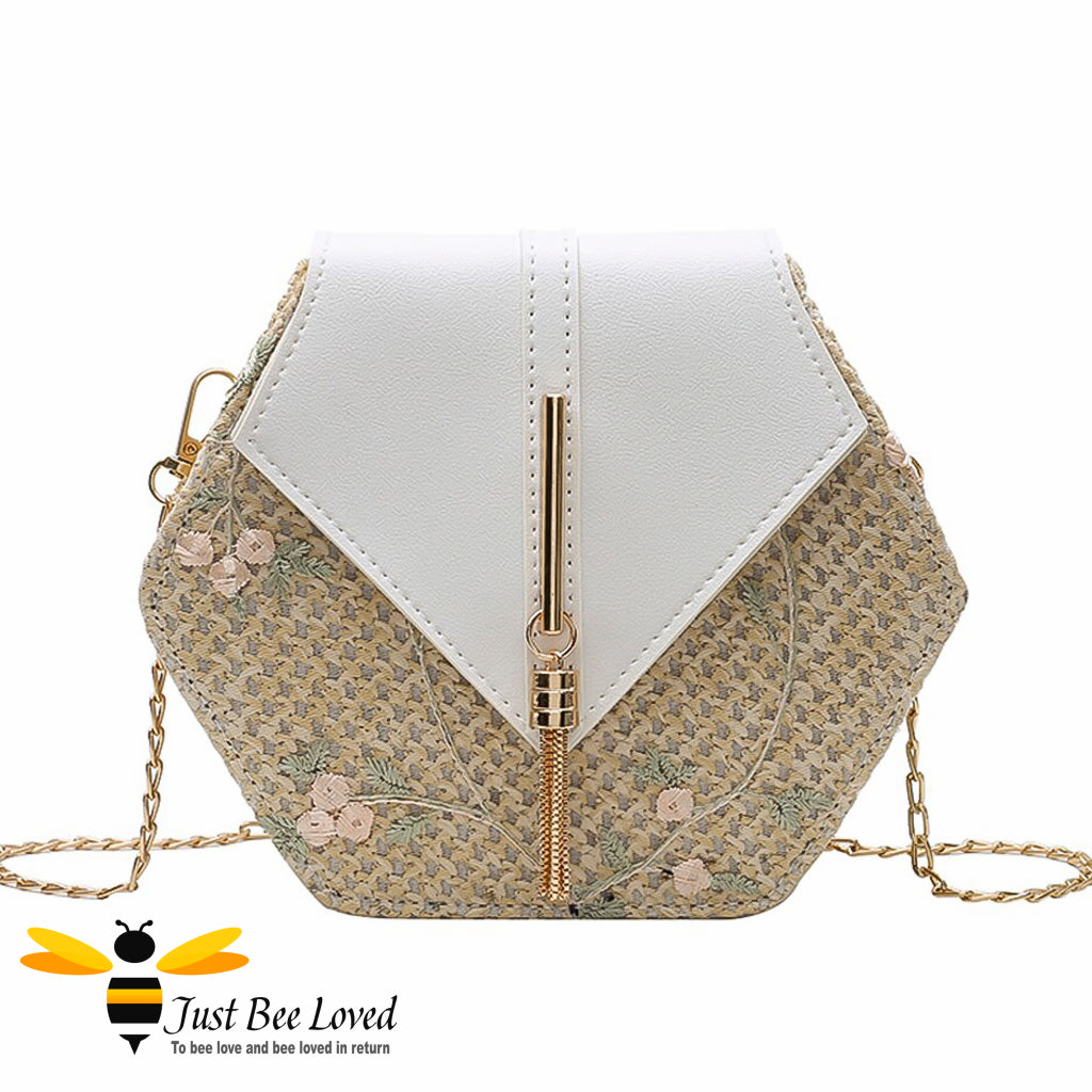 Hexagon straw rattan vegan leather bag with floral lace decoration in black