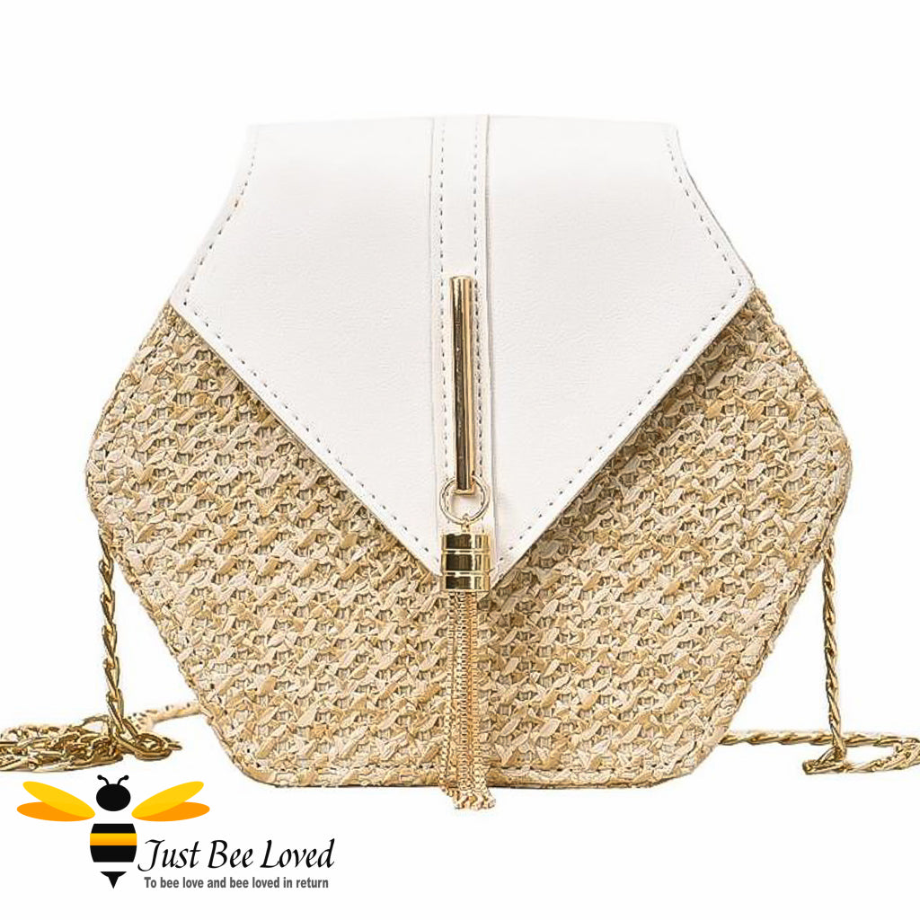 Hexagon rattan faux leather straw bag in white colour