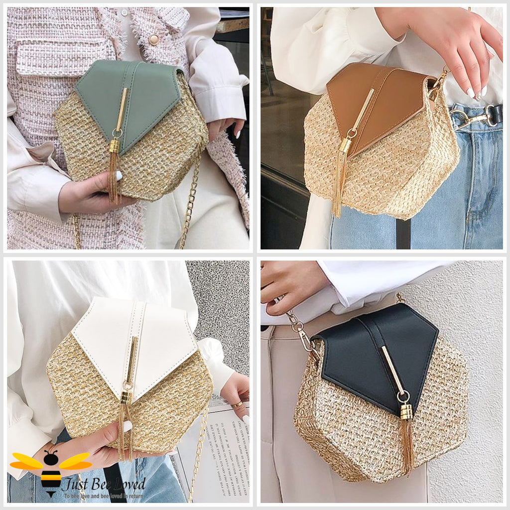 Gallery of woman carrying hexagon straw handbags