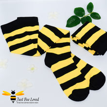 Load image into Gallery viewer, thigh high black and yellow bee stripe socks stockings