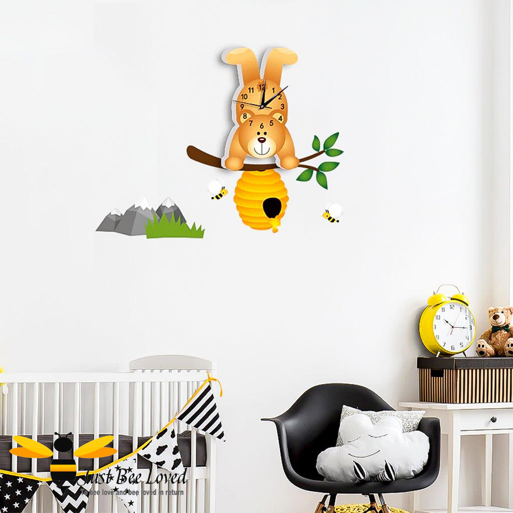 Children's honey bear bee wall clock with bees, beehive & mountains mural decals.