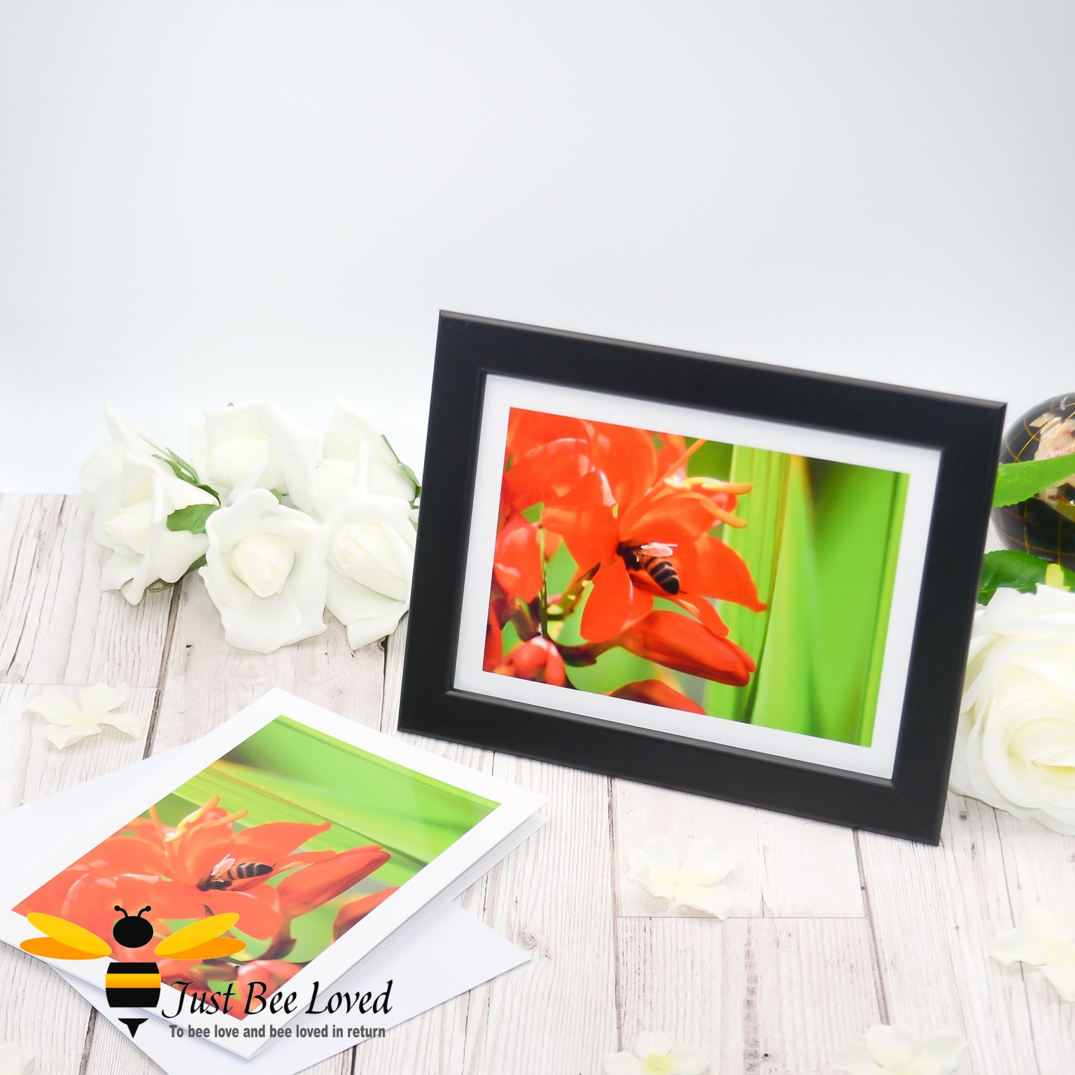 a framed photographic greeting card featuring an image of a honey bee deep inside an orange lily flower.