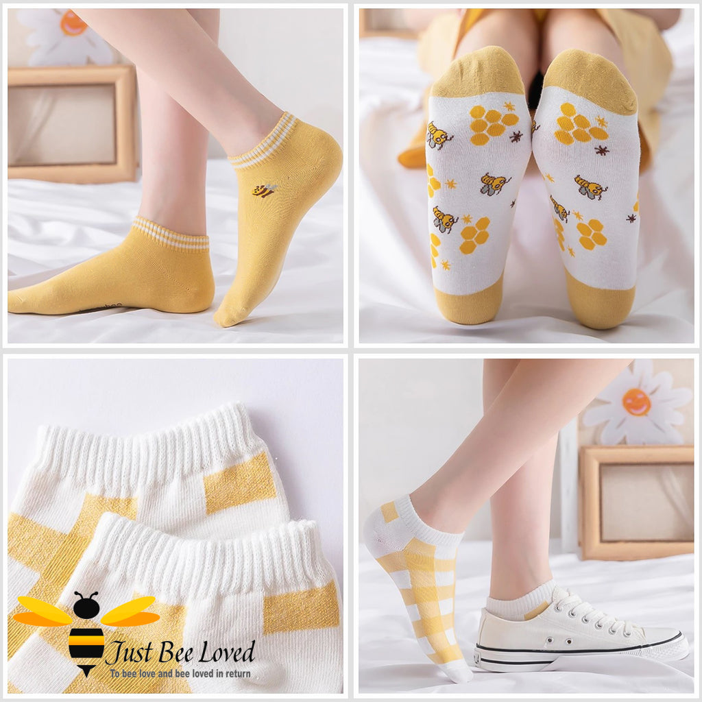 Women's ankle socks with bees and honeycomb pattern.