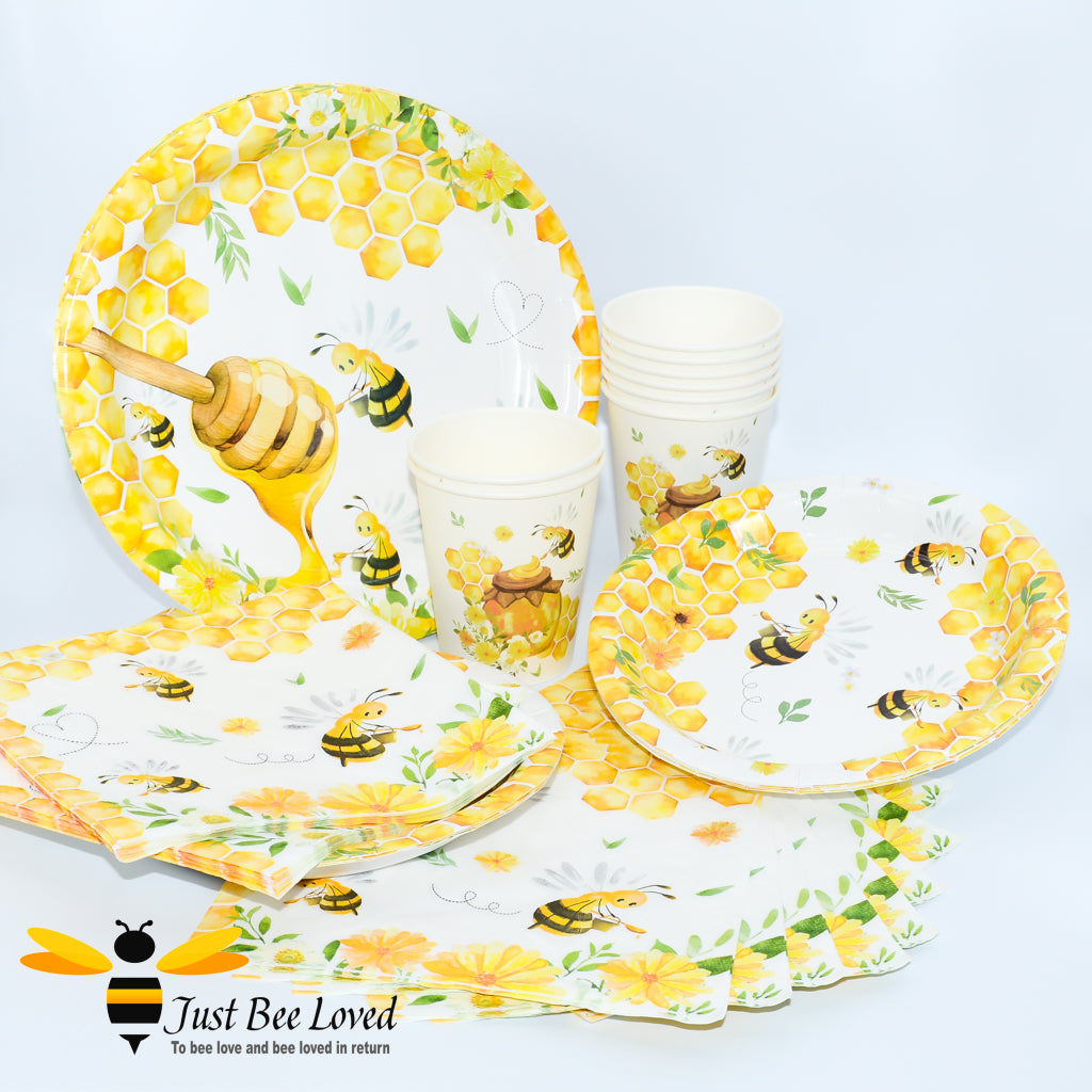 Country summer bee themed disposable party tableware set. Includes plates, napkins and cups.