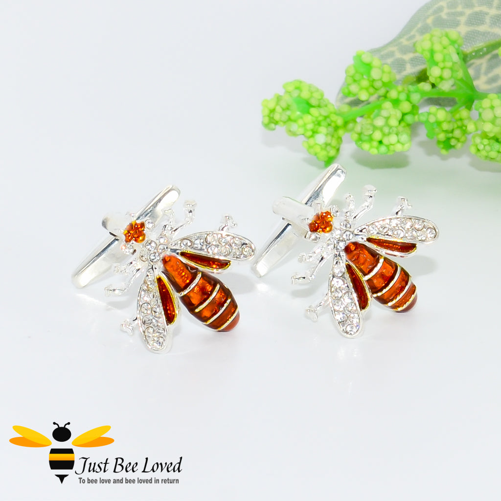 White Rhinestone Crystals Silver Bee Cufflinks Gifts For Men