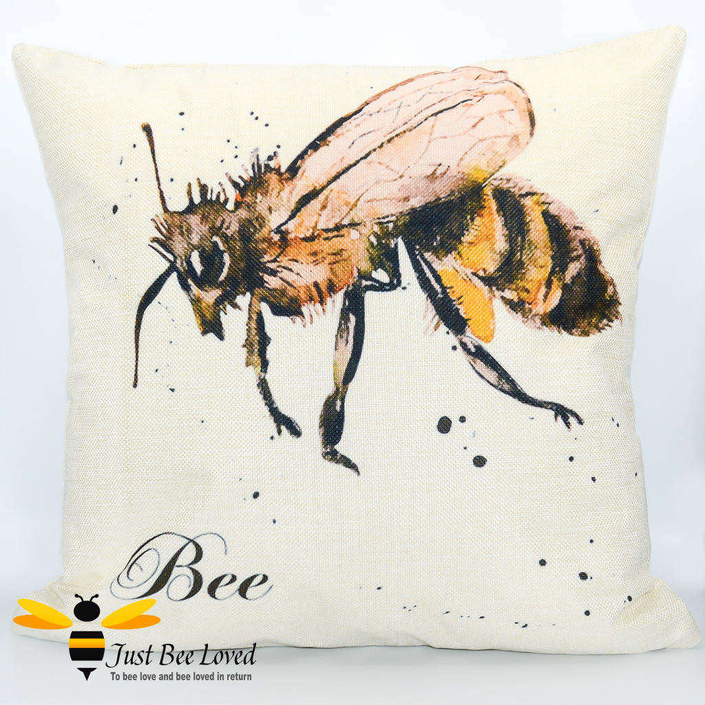 Natural coloured scatter cushion featuring a watercolour image of a bee on a splashed background with "Bee" calligraphy.