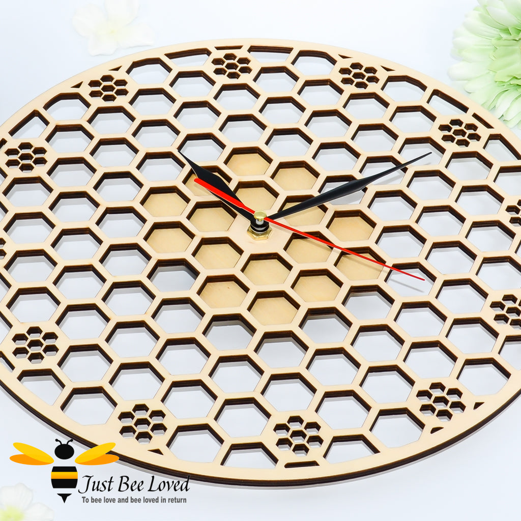 Natural wood honeycomb round lattice wall bee clock