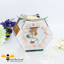 Load image into Gallery viewer, hexagon glass mirrored wax melt &amp; oil burner featuring a shimmering golden design of honeycomb and flowers with rhinestone bee embellishment. 