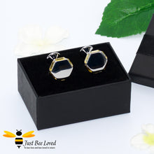 Load image into Gallery viewer, hexagon shaped cufflinks with six golden honeycomb coloured baguette crystals encased within each cufflink