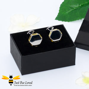hexagon shaped cufflinks with six golden honeycomb coloured baguette crystals encased within each cufflink
