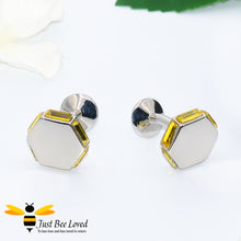 Load image into Gallery viewer, hexagon shaped cufflinks with six golden honeycomb coloured baguette crystals encased within each cufflink