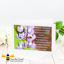 Load image into Gallery viewer, a greeting card showing a landscape photographic print of a wild bee foraging on purple lupine flowers with an accompanying inspirational verse.