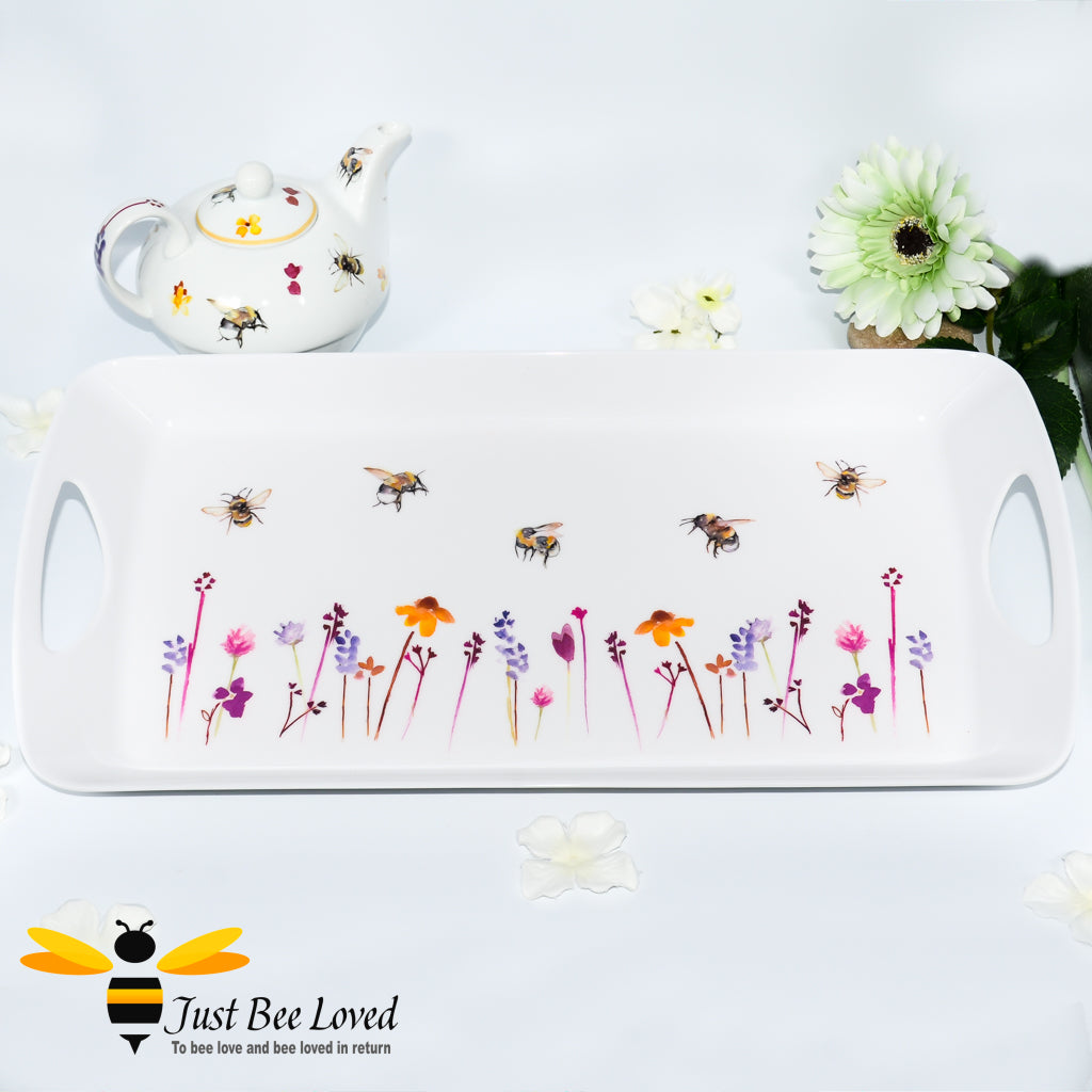 Jennifer Rose Busy Bees white serving tray featuring foraging bumblebees on wildflowers.