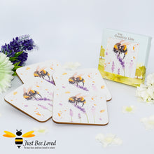 Load image into Gallery viewer, Jennifer Rose 4 piece coasters set featuring the Country Life watercolour design of bumblebees foraging in a field of lavender flowers