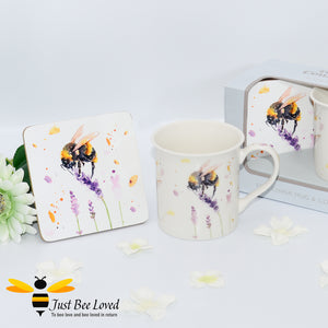 Jennifer Rose Country Life Bumblebee and Lavender Flowers Fine China Mug and coaster set.