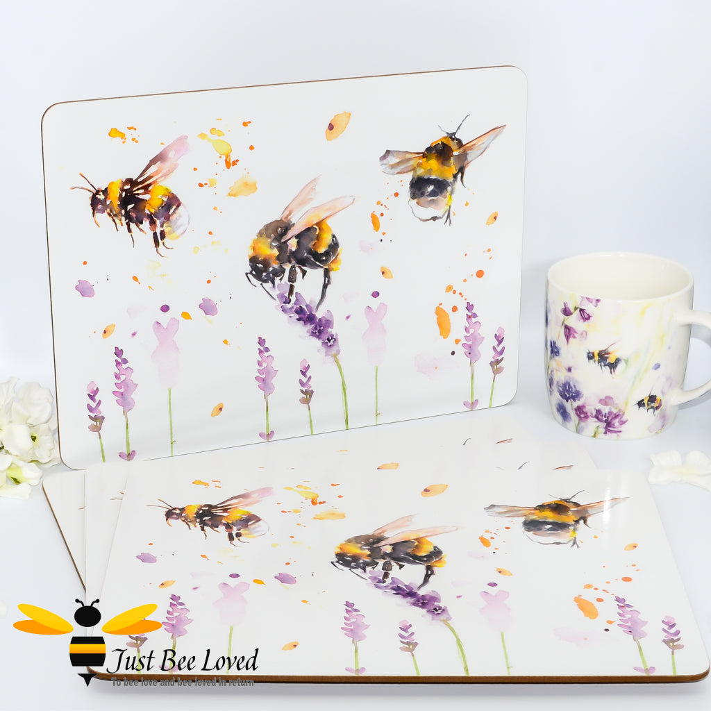 Jennifer Rose 4 piece placemats set featuring the Country Life watercolour design of bumblebees flying in a field of lavender flowers.