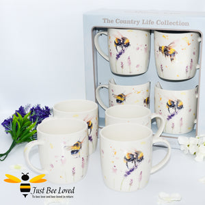 Set of 4 gift boxed Jennifer Rose Country Life Bumblebees Mugs