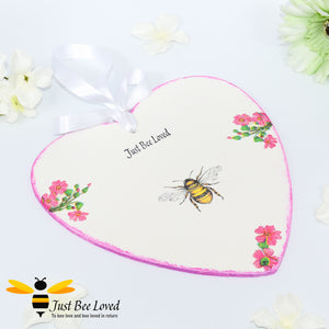 Handmade Just Bee Loved Wooden Love Heart Plaque decorated with bumblebee and flowers