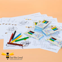 Load image into Gallery viewer, an image showing a pack of just bee loved&#39;s children&#39;s activity sheets and colouring pencils.
