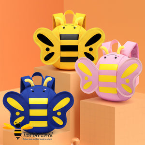 Children's bee backpacks in blue, yellow and pink