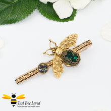 Load image into Gallery viewer, Large gold colour metal hair clip with emerald jewelled bee