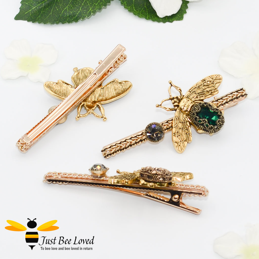 Large gold colour metal hair clips with jewelled bee