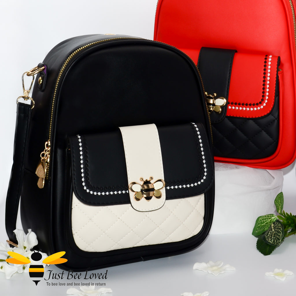 PU leather backpack featuring quilted flap-over front compartment with gold and cream bumblebee buckle clasp in black & cream colour