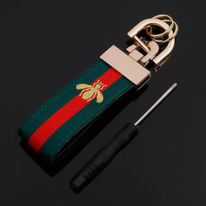 Men's Leather Embroidered Bee Key Ring Car Fob Holder in green 
