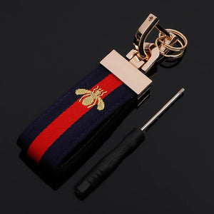 Men's Leather Embroidered Bee Key Ring Car Fob Holder in navy