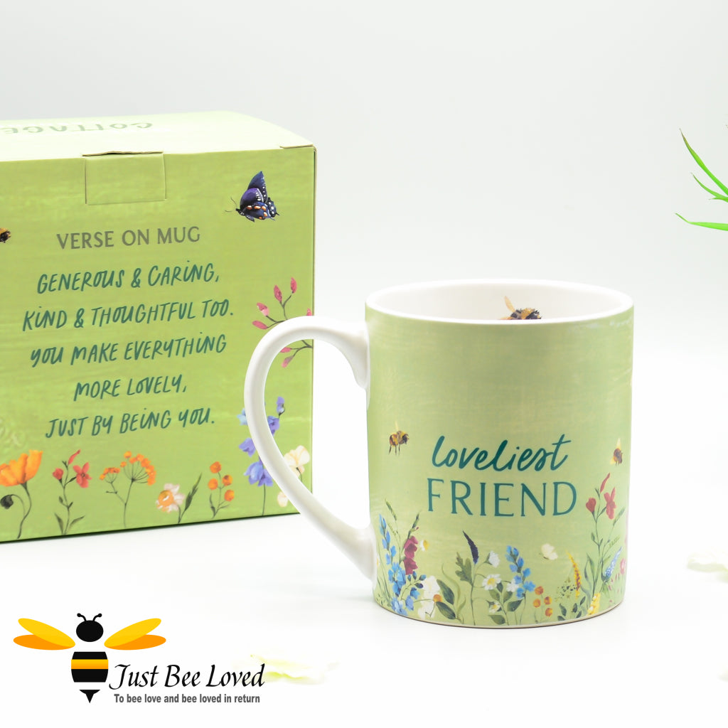 giftbox loveliest friend flowers and bees mug with sentimental verse on back